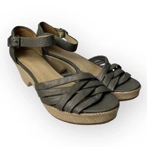 Eileen Fisher Gray Leather  Platform Ankle Strap Sandals